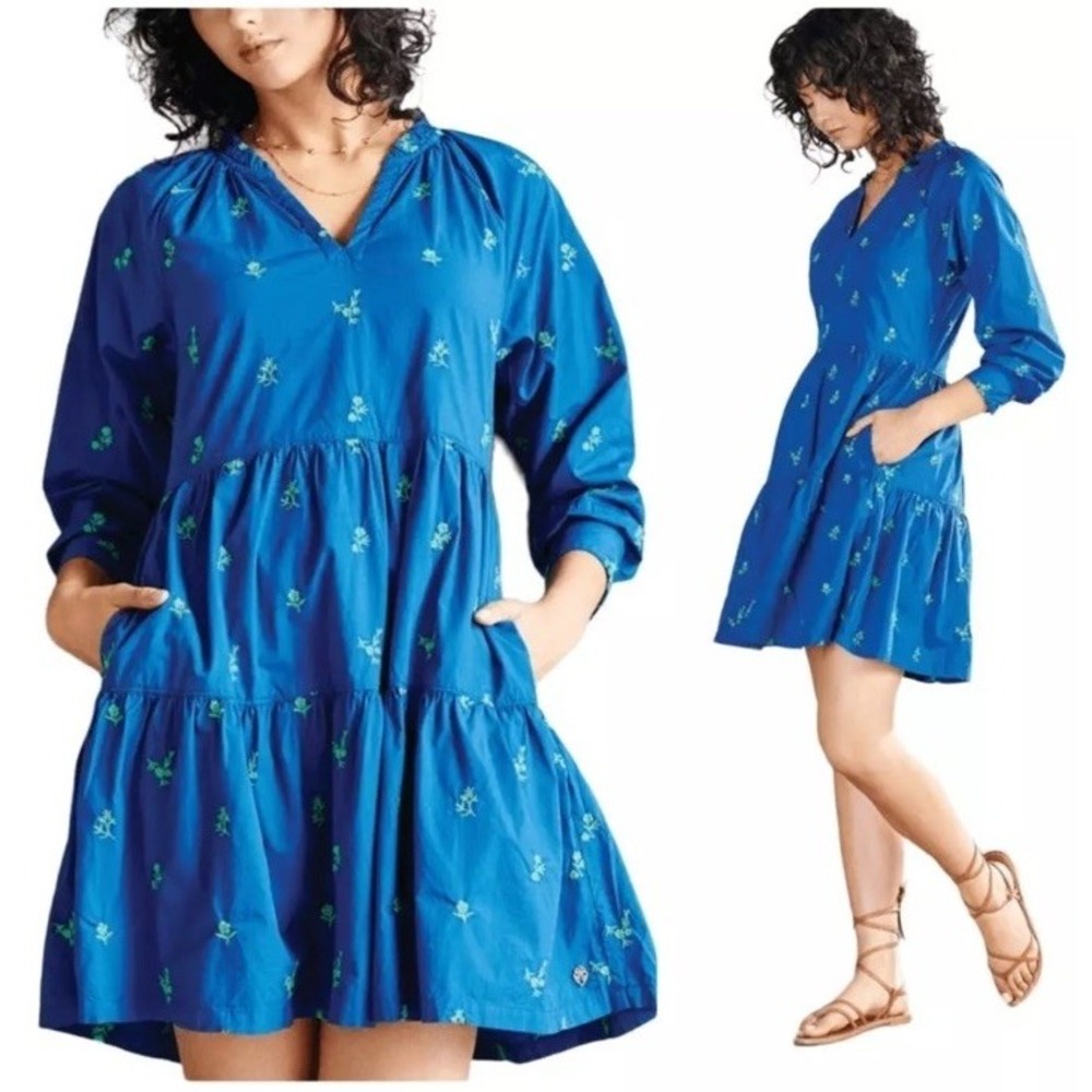 Hatley Womens Royal Blue Embroidered Floral Tiered Mini Dress L Cotton Pockets
